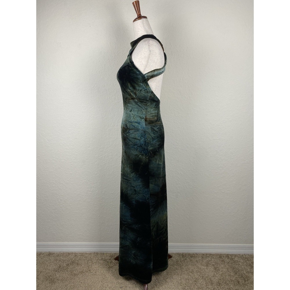Vtg Y2k Helios 2 Maxi Evening Gown Velvet Green Halter Backless Whimsigoth S 90s - Picture 3 of 8